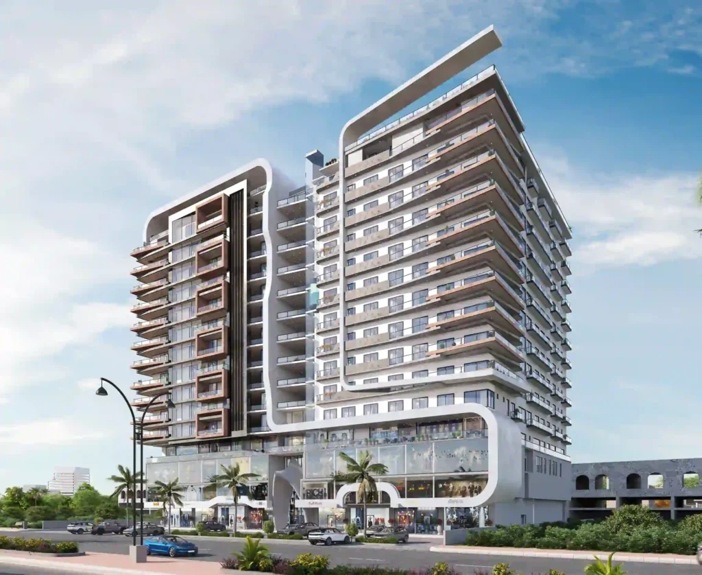 Aerial view of Bahria Sky Mall, a high-rise commercial and residential complex featuring glass façades and rooftop amenities.