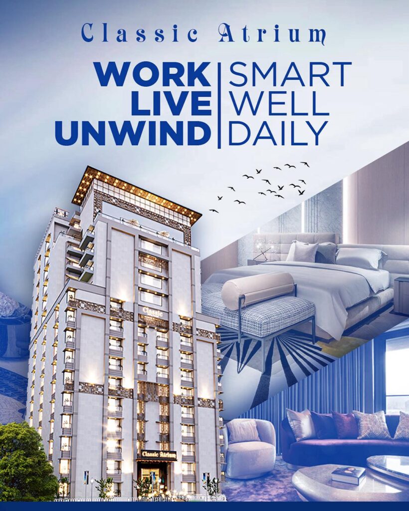 A bright daytime view of Classic Atrium in Bahria Town Lahore with a modern glass façade and landscaped surroundings.