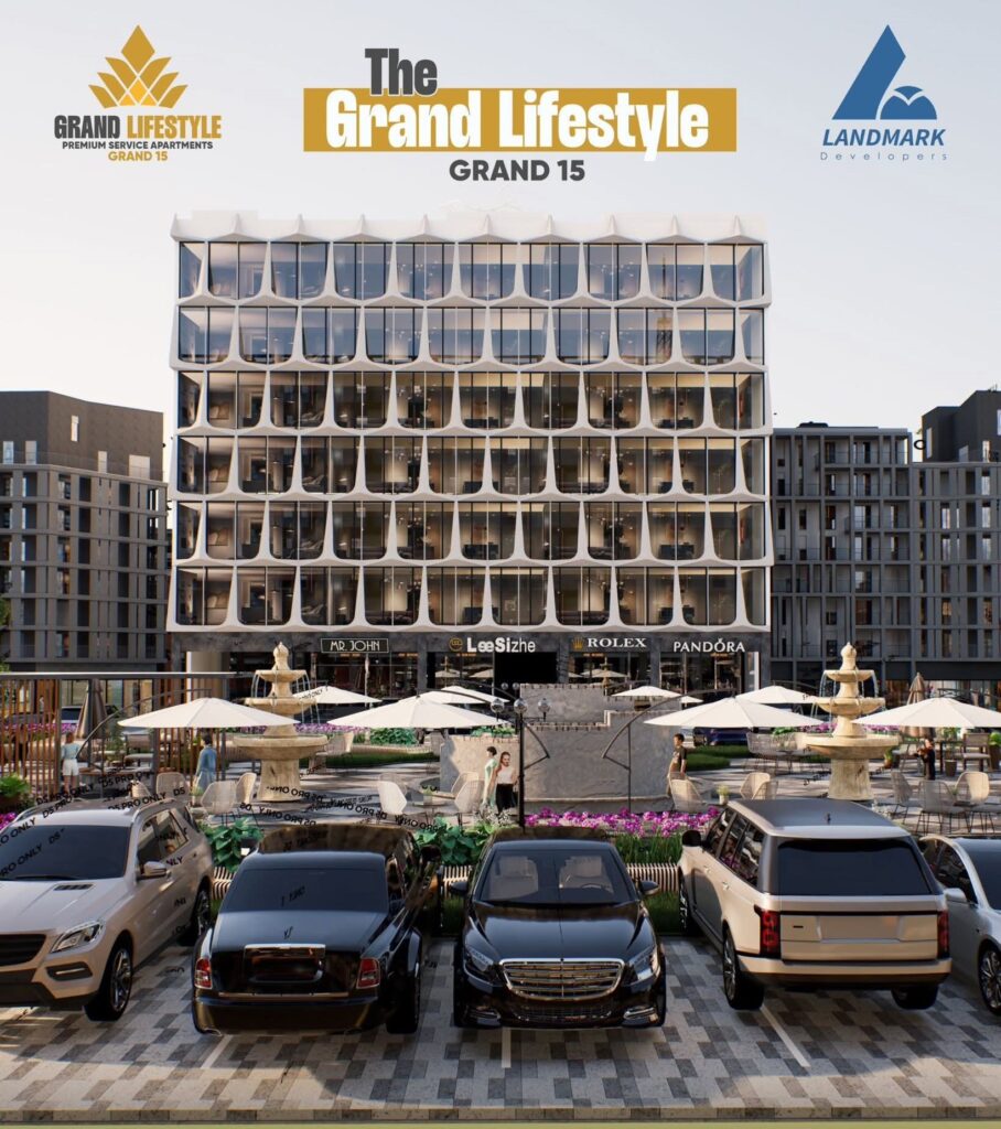 Front view of Grand Lifestyle Apartments in Bahria Town Lahore, showing contemporary architecture with wide balconies and open spaces.