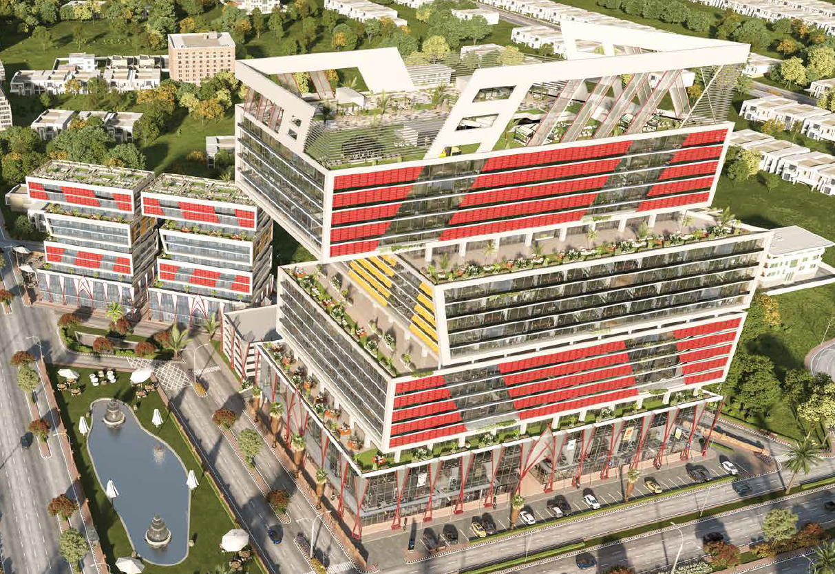 3D architectural render of Lahore Sky’s towers with cantilevered terraces and glass façade.