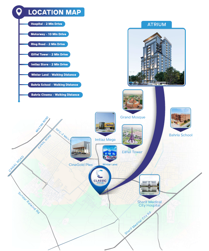 Classic Atrium location map situated in Bahria Town Lahore near Main Canal Road