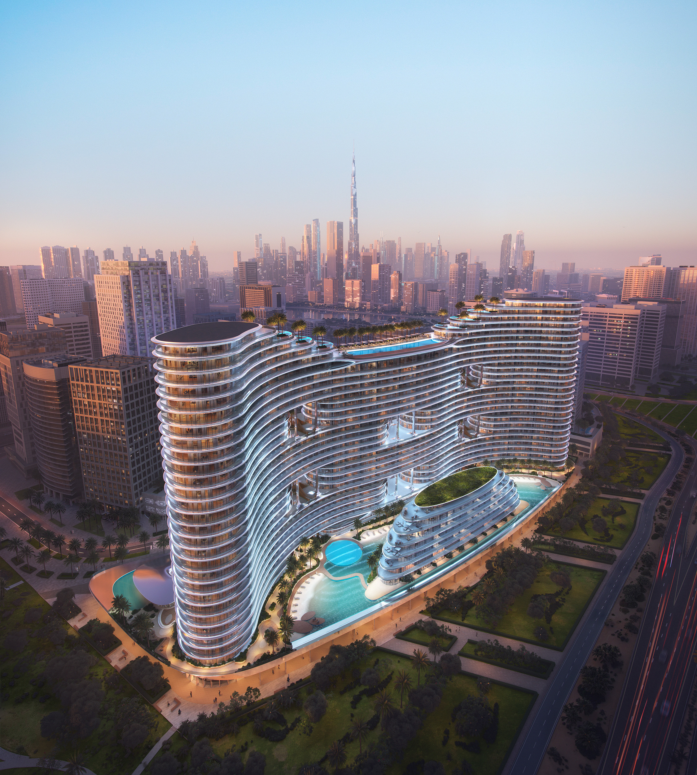Binghatti Aquarise Business Bay exterior view luxury high-rise tower in Dubai Canal district
