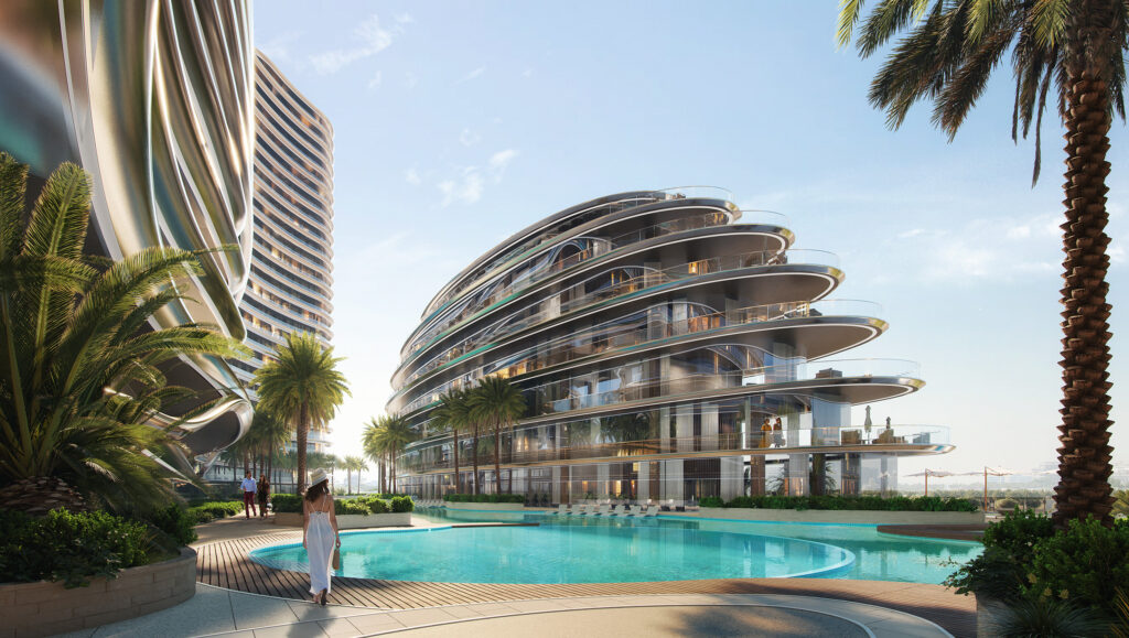 Iconic architecture of Binghatti Aquarise with signature Binghatti design elements